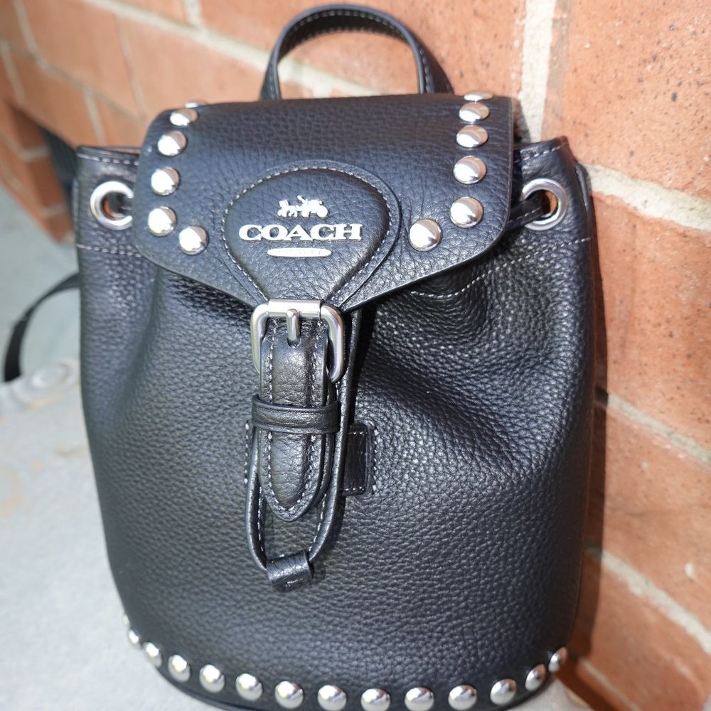 Coach Black Pebbled Leather Studded Drawstring Crossbody Backpack *NWT*